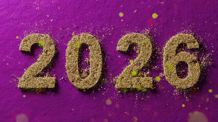 Glittery Gold Numbers 2026 On Deep Purple Background For Celebration And New Year Concept
