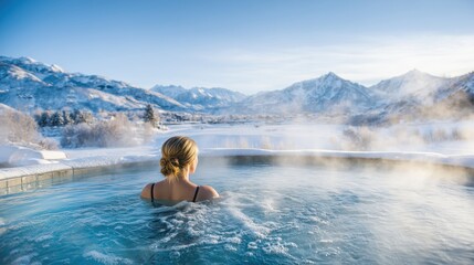 Fototapeta premium Woman in a hot tub with an infinity view of snowy mountains