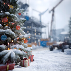 Christmas tree branches with gifts on snowy building construction site, with excavators and cranes, scaffolding in background, concept of Christmas celebration in industrial setting and environment.