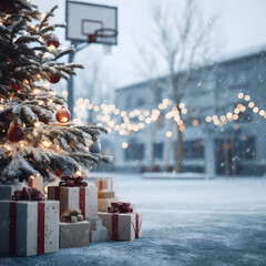 Christmas tree closeup with gifts on snowy basketball court, basketball hoop in background. Concept of resting basketball sport during Christmas time.