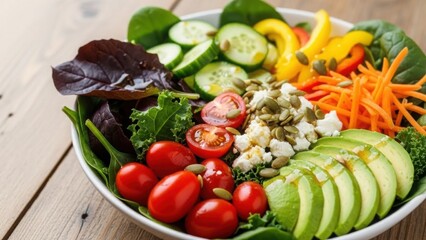 Vibrant and fresh salad bowl filled with colorful vegetables and seeds, representing healthy eating and nutrition.