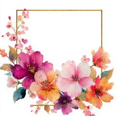 Elegant watercolor floral frame with vibrant blue, purple, pink, and red flowers and golden accents arranged around a corner of a square border