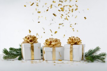 Three festive white gifts with gold ribbons and falling confetti on a pine-covered surface