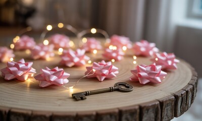 Pink ribbon gift bows, fairy lights, and key on a wooden table