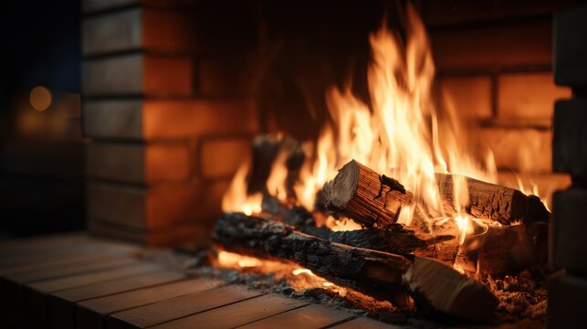 Roaring fire of burning logs and glowing embers in a brick fireplace - Powered by Adobe