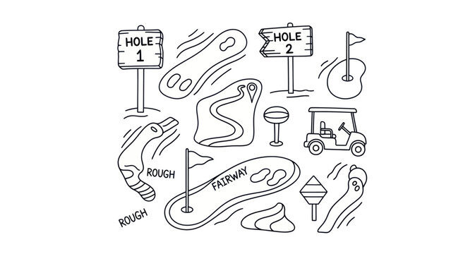 Golf course elements hand drawn icons of fairways holes and cart