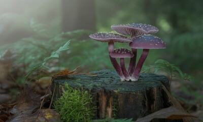 Purple mushrooms on forest stump, soft light