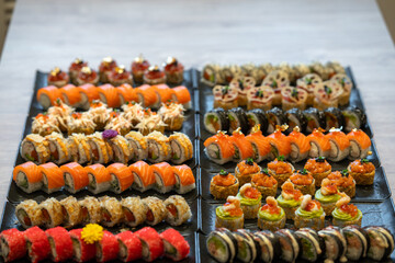 A vibrant array of many different types of gourmet sushi and maki rolls