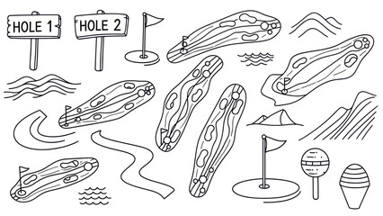 Golf course elements illustration set in black and white for design use
