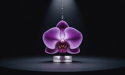 Purple orchid bloom, spotlight, water drops