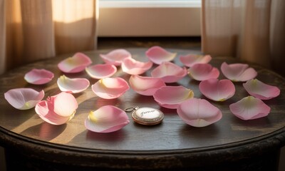 Pink rose petals surrounding a small antique pocket watch on a wooden table, sunlight streaming through a window
