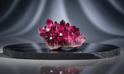 Radiant crimson crystal cluster on dark pedestal