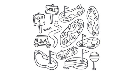 Golf course elements illustration vector graphics of course features