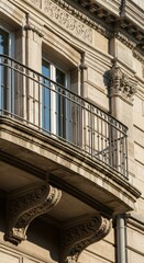 Obraz premium Architectural fusion showing a sleek metal balcony railing against a classic ornate limestone building facade in soft afternoon light, detail, metal, urban