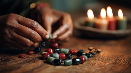 Hands crafting beaded jewelry on wooden table with lit candles in ambient setting