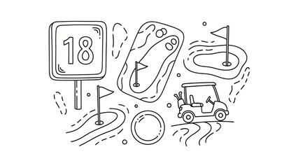 Golf course elements number 18 sign cart flags and green illustrations
