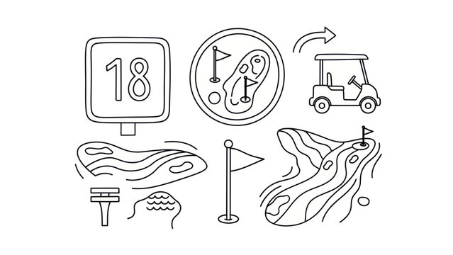Golf course elements number 18 sign cart flags and landscape illustrations