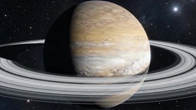 Distant view of Saturn with broad icy rings spanning the dark starry backdrop with faint moons near!