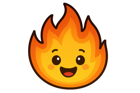 Cartoon fire flame emoji icon mascot character with happy face, heat, fire, warning, hot symbol on transparent background