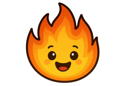 Cartoon fire flame emoji icon mascot character with happy face, heat, fire, warning, hot symbol on transparent background - Powered by Adobe