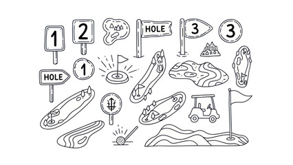 Golf course elements signs flags holes and cart in outline style