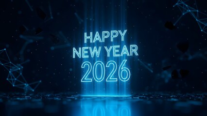 Futuristic happy new year 2026 greeting card with glowing blue neon text effect