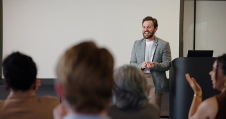 Business people, applause and award at seminar ceremony, celebration and excited. Clap, employee recognition and giving trophy for achievement, congratulations or success with conference audience