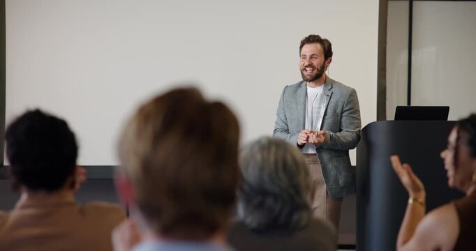 Business people, applause and award at seminar ceremony, celebration and excited. Clap, employee recognition and giving trophy for achievement, congratulations or success with conference audience