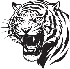 Obraz premium Stylized roaring tiger head illustration, black and white graphic vector art, fierce expression for logos, mascots, and emblems