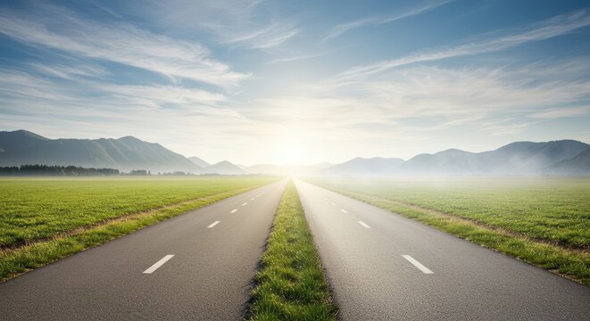 A scenic path splits, one paved and clear, the other misty and unknown, representing the decision to embrace risk and the future ,planning ,forward ,uncertainty