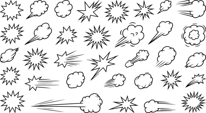 Hand drawn comic explosion, smoke burst and speed effect elements with dynamic sketch style impact shapes for cartoon animation and digital artwork