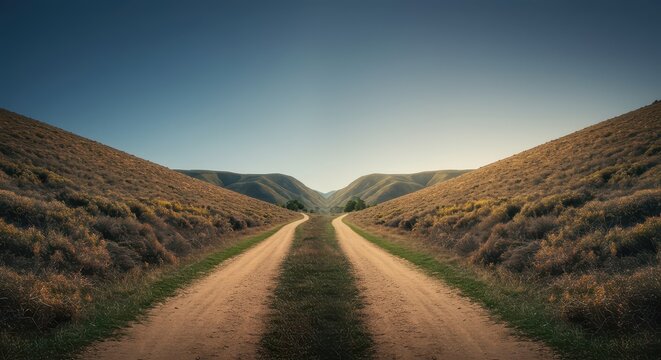 A winding dirt trail divides into two distinct, challenging routes ahead, demanding a critical decision about the future direction and journey to take now, opportunity, destiny, decision making
