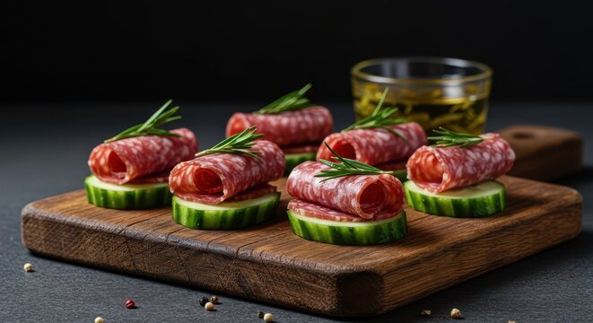 Close up of gourmet cucumber and salami appetizers served on a rustic wooden board. Savory finger food or healthy party snack, easy, diet, platter
