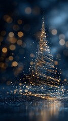 Magic abstract Christmas tree made of golden light trails and bokeh on dark blue background, perfect for elegant New Year greeting