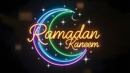Colorful neon lights illuminate a crescent moon and "ramadan kareem" greeting on a dark background