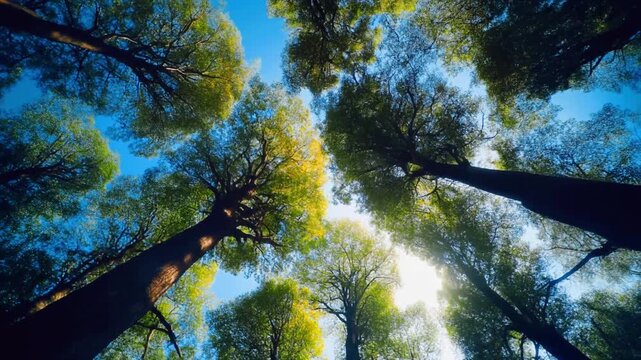 Tall trees viewed from below, sun rays through leaves, cinematic upward camera movement, natural green tones, peaceful atmosphere, ultra realistic 8K nature footage.