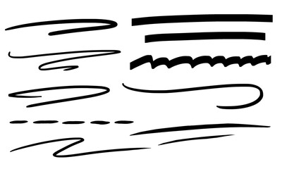 Collection of hand-drawn underline brush strokes and scribbles simple black ink elements for design emphasis and highlighting text isolated on white background