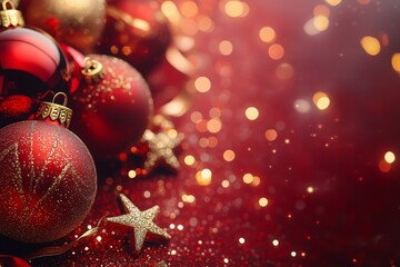Shiny red Christmas baubles and golden stars on sparkling glitter background with warm bokeh lights, perfect festive New Year banner.