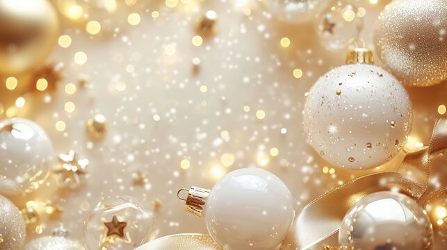 Elegant Christmas ornaments on red glitter with warm golden bokeh lights, creating atmospheric seasonal background for celebration designs. - Powered by Adobe