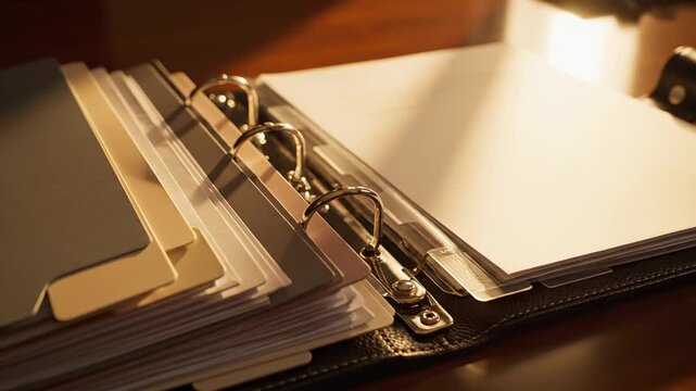 A desk binder with metal rings holds orderly papers under warm light. bathed in cozy desk lighting!!