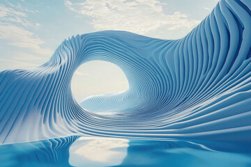 Dive into a blue tunnel designed with futuristic lines and waves, rendered in 3D for a high-tech background.