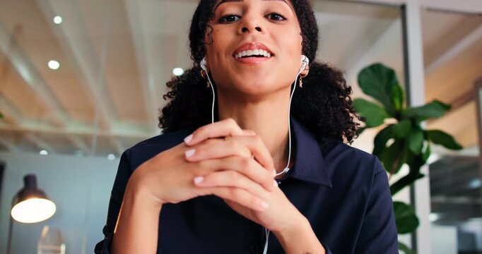 Video call, face or woman in office with earphones, meeting end or marketing pitch for client. POV, below or consultant in agency with tech, wave goodbye or virtual campaign update for stakeholder.