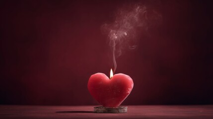 Obraz premium Heart-shaped candle burning with a thin smoke trail rising above it on a red surface.
