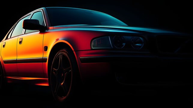 Red car is parked in the dark. The car is a Volvo. The car is parked in front of a building