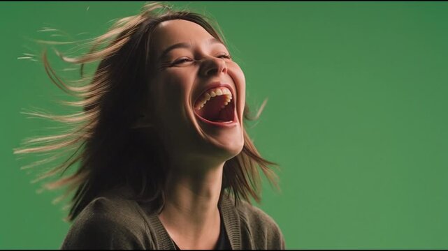 Joyful woman with wide smile laughing against vibrant green background