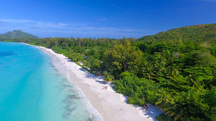 Praslin Beach, Seychelles. Aerial view of tropical coastline on a sunny day
