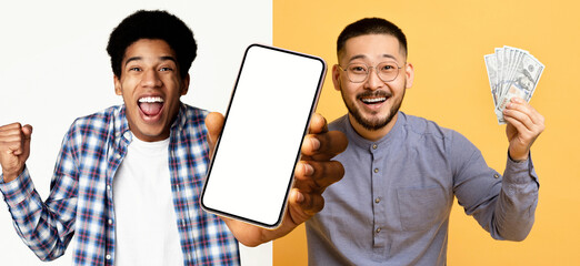 Two friends express joy, with one holding a smartphone while the other displays cash. Their excitement shows a rewarding moment, possibly celebrating an achievement or a good deal.