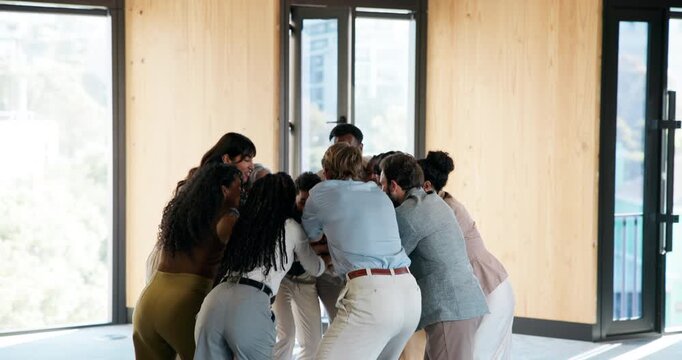 Business people, stack hands and celebration for success, synergy or applause for achievement. Clap, happy team and cheering for motivation, collaboration or goal with community mission in office