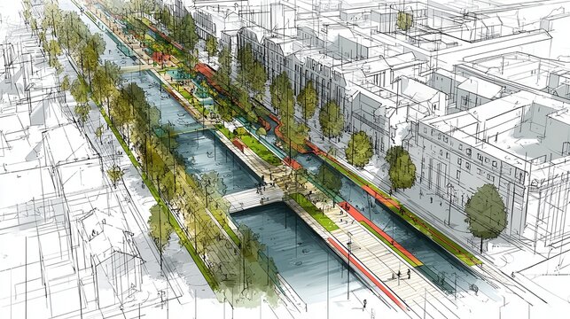 Urban planning concept creating a modern revitalized waterfront precinct with pedestrian zones and green park spaces along a city canal, enhancing urban living and sustainable development