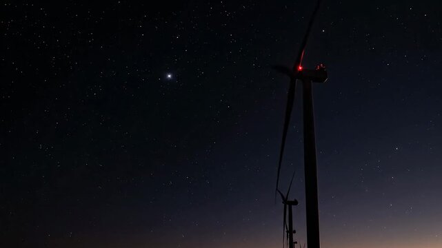 Silhouetted wind turbines edge a dark horizon beneath a starry twilight sky, calm winds sweeping by